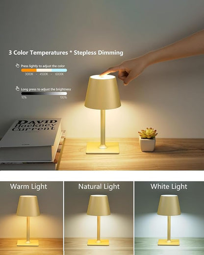 2 Pack Rechargeable Table Lamps, Gold Cordless Lamps - Battery Operated Touch Lamp, Outdoor Table Lights, Waterproof, Wireless, Portable Desk Lamp for Restaurant, Bedroom, Patio(Gold)