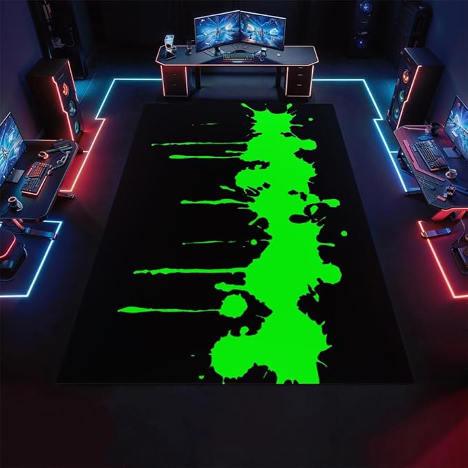 Fluorescent Green Arcade Rug 2x3 Small Area Rugs Modern Black Green Rugs Non Slip Low Pile Faux Wool Indoor Throw Carpet for Living Room Bedroom Gameroom Study Office Entrance Foyer