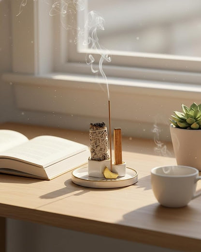 Ceramic Incense Holder Burner, Sage Holder for Burning, Palo Santo Sticks Holder, 5.51" Ash Catch Tray, Smudge Dish for Meditation Yoga, Modern Home Decor Gift