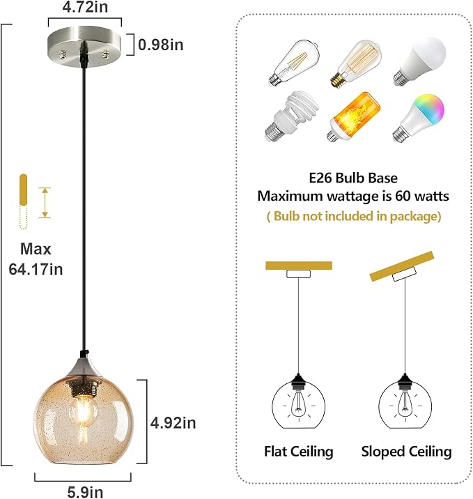 Light Brown Glass Pendant Lights Kitchen Island Globe Pendant Light Fixtures Modern Pendant Lighting for Bedroom Living Dining Room Light Fixture (5.9 in, 2 Pack)