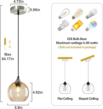 Light Brown Glass Pendant Lights Kitchen Island Globe Pendant Light Fixtures Modern Pendant Lighting for Bedroom Living Dining Room Light Fixture (5.9 in, 2 Pack)