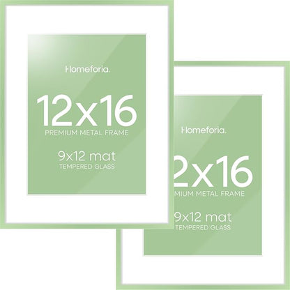 Homeforia 12x16 Sage Green Picture Frame, High End Metal 12x16 Poster Frames with Mat 9x12 Photo, 12 x 16 Sage Green Frame Matted to 9 by 12 Art, 16x12 Thin Frames, Tempered Glass, Wall Kit, Set of 2