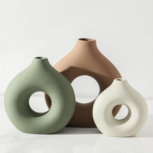Ceramic Vase Home Table Decor - Flower Vases Set of 3 Small Living Room Centerpiece Decorations for Shelf Bedroom Office Kitchen Dining Desk Modern Aesthetic Farmhouse Decorative (Brown)