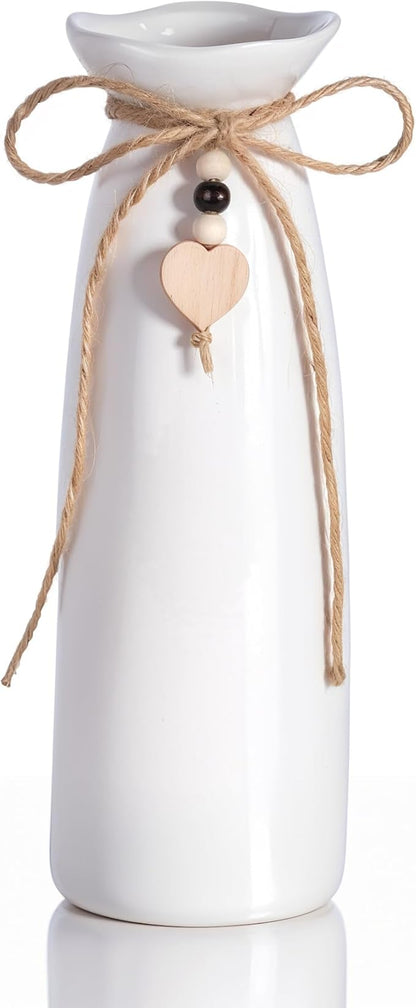 8 Inch Ceramic Vase with Jute Rope & Heart Charm, Elegant White Decorative Vase for Home Décor & Table Centerpieces