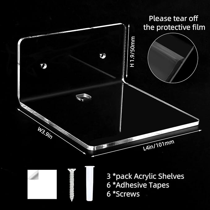 3 Pack Small Floating Shelves for Wall, 4'' Acrylic Mini Wall Shelf for Bedroom, Bathroom, Living Room, Office (2 Types of Installation)