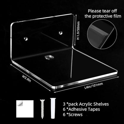 3 Pack Small Floating Shelves for Wall, 4'' Acrylic Mini Wall Shelf for Bedroom, Bathroom, Living Room, Office (2 Types of Installation)