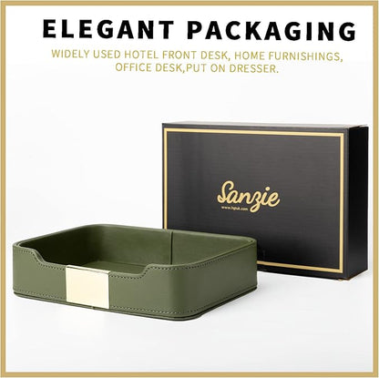 SANZIE Luxury Leather Tray Desktop Storage Catchall Organizer Decorative Tray for Entryway Table to Hold Jewelry Watch Keys Phone Wallet (Metal Glided, Dusty Green)