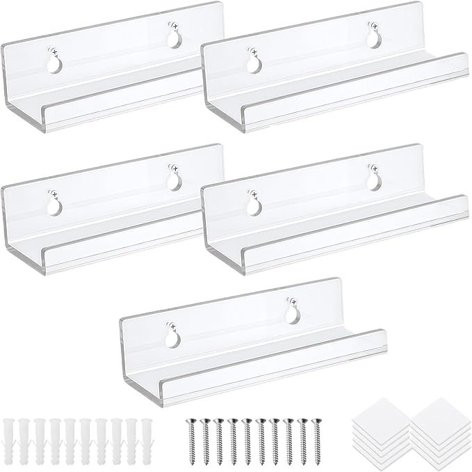 QUUPY 5Pcs 4Inch Clear Acrylic Shelves Vinyl Record Shelf Wall Mount Acrylic Album Record Holder for Wall Photo Decor Picture Magazine