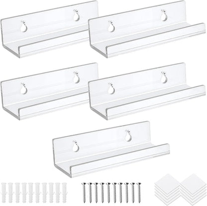 QUUPY 5Pcs 4Inch Clear Acrylic Shelves Vinyl Record Shelf Wall Mount Acrylic Album Record Holder for Wall Photo Decor Picture Magazine