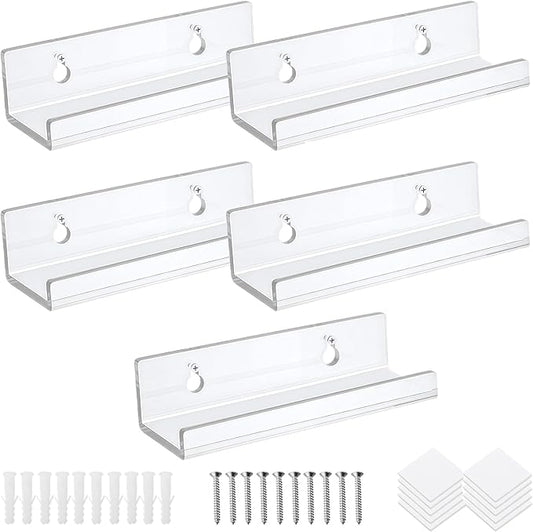 QUUPY 5Pcs 4Inch Clear Acrylic Shelves Vinyl Record Shelf Wall Mount Acrylic Album Record Holder for Wall Photo Decor Picture Magazine