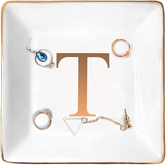 ANOTION Jewelry Tray Ring Dish with Ini-tial Gift- Personalized Trinket Dish and Jewelry Dish with Gold Initials Key Bowl Ceramic Holder, Unique Wedding or Engagement Present
