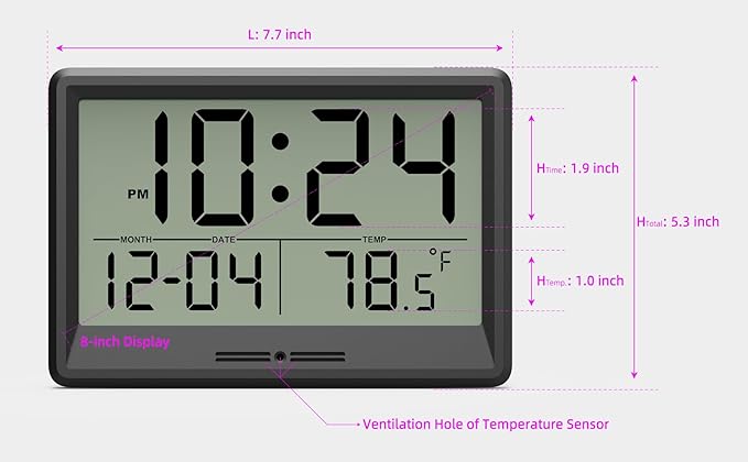 Digital Wall Clock Battery Operated, 8 Inch Small Wall Clock with Large Display, Temperature and Date | Simple Desk Clock | Silent Wall Mount Digital Clock for Bedroom, Kitchen, Living Room, Office