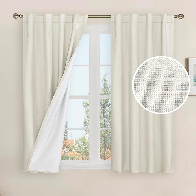 LAMIT Natural 100% Blackout Linen Curtains, 45 Inches Linen Textured Thermal Bedroom Curtains Back Tab and Rod Pocket Neutral Panels with White Liner for Farmhouse, 2 Panels, 38 x 45 Inch, Ivory
