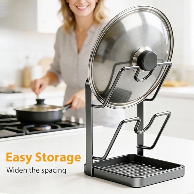 Kitchen Pot Lid Storage Rack, Multifunctional Utensils Pan Pot Cover Lid Rack Shelf for Pots Lids, Spatulas Multifunctional Kitchen Pot Lid Organizer for Countertop (Gunmetal Gray Single Layer)