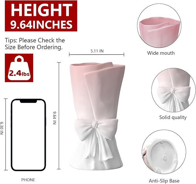 Pink White Ceramic Bow Vase 9.64 in Unique Cute Modern Decorative Bouquet Flower Vases for Home Living Room Table Decor Women Girl Gifts