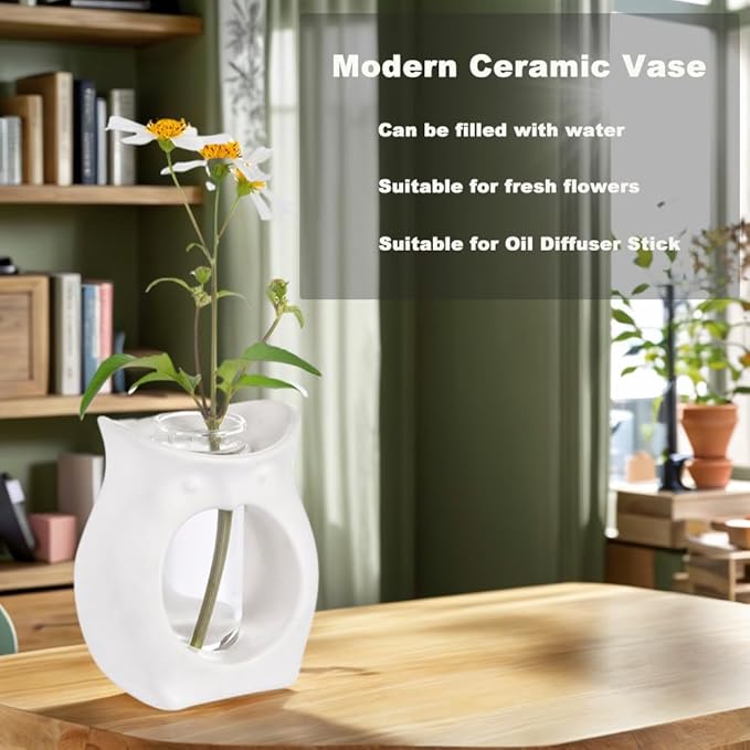 ORGJ Owl Propagation Vase for Plants - Handcrafted Ceramic with Removable Glass Tube, 2-in-1 Hydroponic Planter & Aroma Diffuser, Plant Terrarium Decor Gifts for Plant Lovers Office Desk