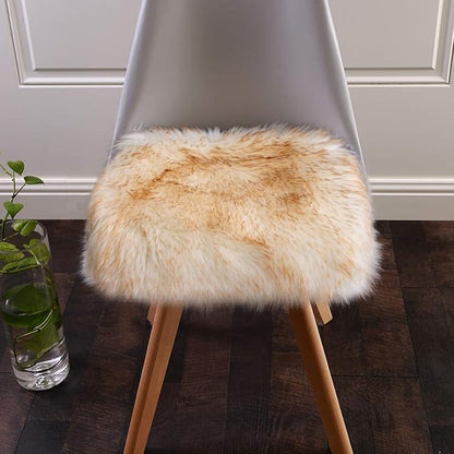 Softlife White Faux Fur Sheepskin Chair Cover 2 PCs Seat Cushion Pad Super Soft Area Rugs for Living Bedroom Sofa Dorm (1.6ft x 1.6ft, White with Brown Tips,)