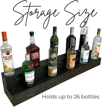 2 Tiered Countertop Liquor Bottle Display Shelf — Holds 26 Bottles Bar Organizers for Wine & Whiskey — Free Standing Bottle Stand for Home, Bar Decor — Wooden Kitchen Counter Shelf, Black