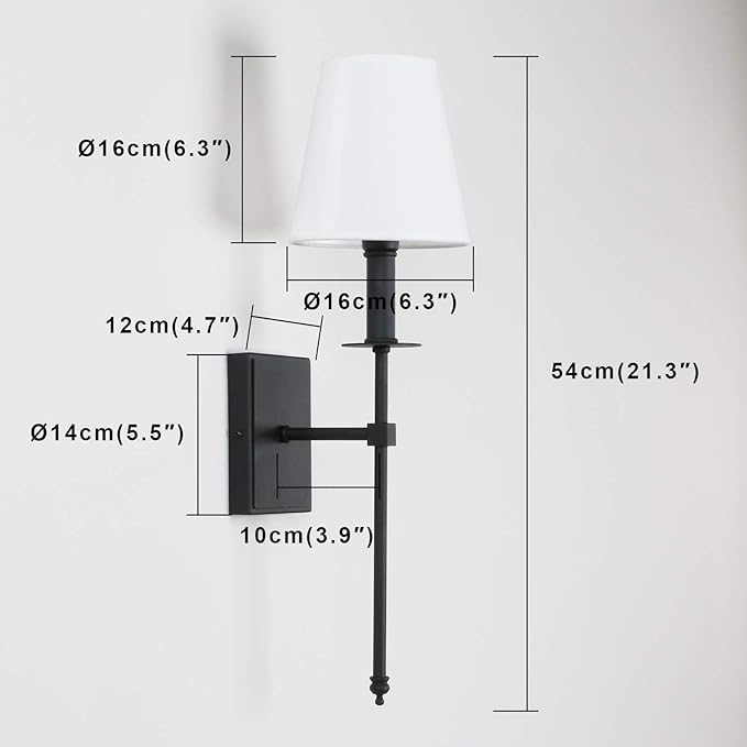 PERMO Set of 2 Classic Rustic Industrial Wall Sconce Lighting Fixture with Flared White Textile Lamp Shade and Black Tapered Column Stand, Hardwired, E26 Base