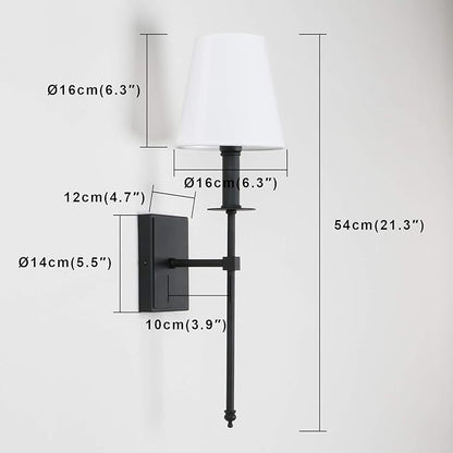 PERMO Set of 2 Classic Rustic Industrial Wall Sconce Lighting Fixture with Flared White Textile Lamp Shade and Black Tapered Column Stand, Hardwired, E26 Base