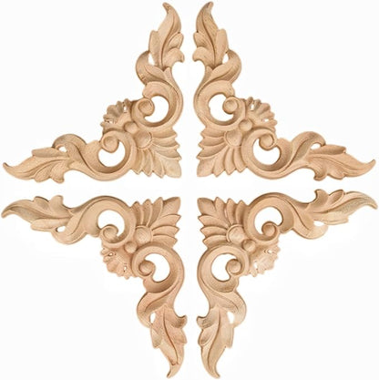 MUXSAM 4Pcs Wood Carved Appliques Onlays, Unpainted Little Wooden Corners Flower Carvings Decals for Mirrors Cabinets Walls Doors Chests Dressers Night Stand DIY Artwork Project, 15x15cm/5.9"x5.9"