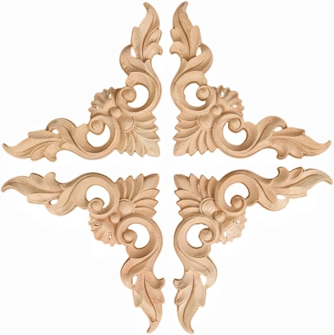 MUXSAM 4Pcs Wood Carved Appliques Onlays, Unpainted Little Wooden Corners Flower Carvings Decals for Mirrors Cabinets Walls Doors Chests Dressers Night Stand DIY Artwork Project, 10x10cm/3.94"x3.94"
