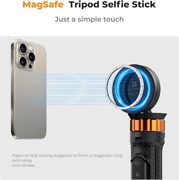 K&F Concept 63'' Magnetic Selfie Stick Tripod, Lightweight Cellphone Stand with Wireless Remote, Compatible with iPhone 17 Pro Max/16/15/14/13/12 Series and All Phones