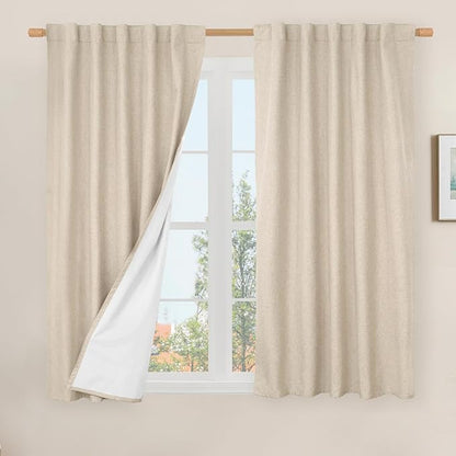 LAMIT Natural 100% Blackout Linen Curtains, 54 Inches Linen Textured Thermal Bedroom Curtains Back Tab and Rod Pocket Neutral Panels with White Liner for Farmhouse, 2 Panels, 42 x 54 Inch, Linen