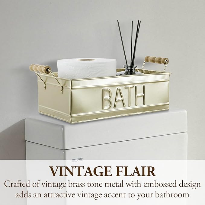 MyGift Vintage Bronze Metal Rectangular Storage Basket with Wooden Handles, Bathroom Toiletries Holder, Organizer Bin with Embossed Bath Label - Handcrafted in India (Brass)