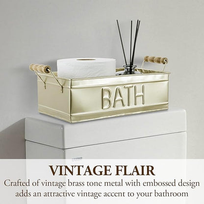 MyGift Vintage Bronze Metal Rectangular Storage Basket with Wooden Handles, Bathroom Toiletries Holder, Organizer Bin with Embossed Bath Label - Handcrafted in India (Brass)