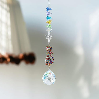 Rhinestones Suncatchers Crystal Cat Shaped Window Hang Pendant, Rainbow Crystal Prisms Ornament Car Sun Catcher Gift for Lady Women Mother