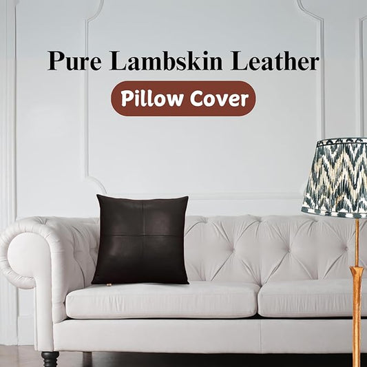Lambskin Leather Pillow Cover - Sofa Cushion Case - Decorative Throw Covers for Living Room & Bedroom, 22x22 Inches - Black (02) Pack of 2