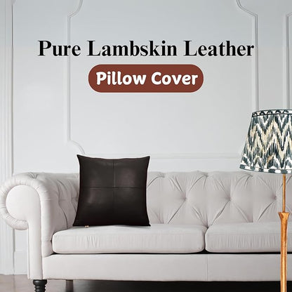 Lambskin Leather Pillow Cover - Sofa Cushion Case - Decorative Throw Covers for Living Room & Bedroom, 18x18 Inches - Black (02) Pack of 2