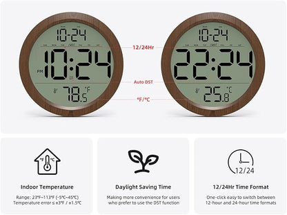 Digital Wall Clock with Date, Indoor Temperature, Auto-DST, Battery-Operated Digital Clock, 8 Inch Small Decorative Wood Wall Clock for Bedroom, Living Room, Kitchen, Office, Modern, Electric, Simple