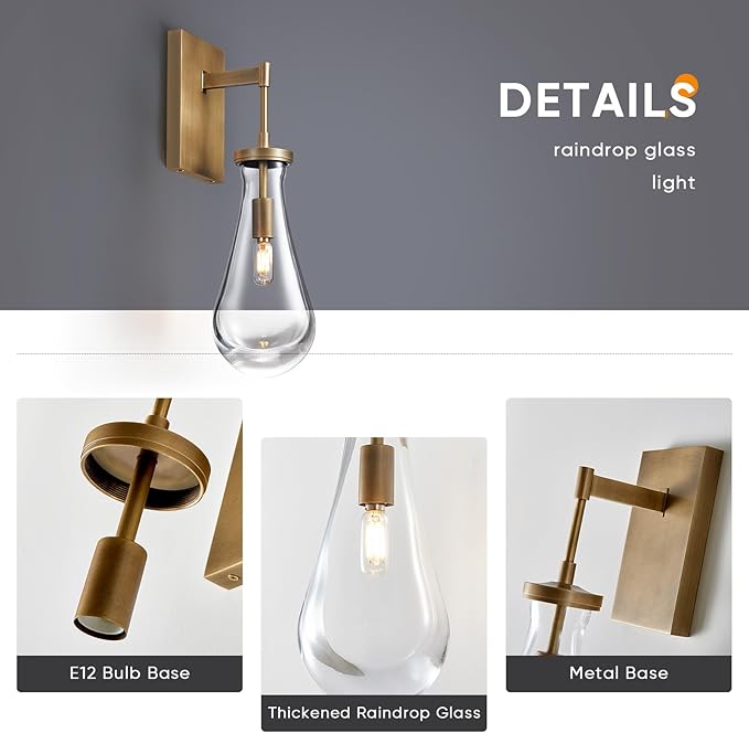 17" L Wall Sconces Set of 2, Morden Wall Lights Fixtures Bathroom Vanity Light Raindrop Wall Brass Sconce for Living Room,Bedroom,Hallway,Stairs,Indoor