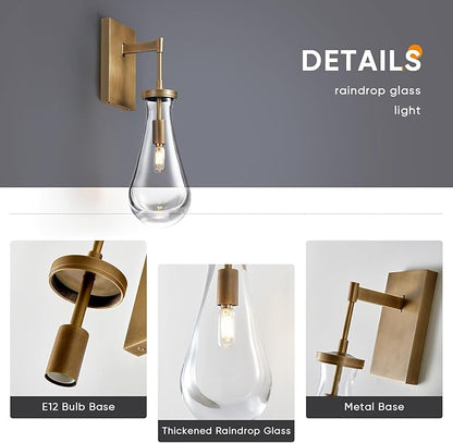 17" L Wall Sconces Set of 2, Morden Wall Lights Fixtures Bathroom Vanity Light Raindrop Wall Brass Sconce for Living Room,Bedroom,Hallway,Stairs,Indoor