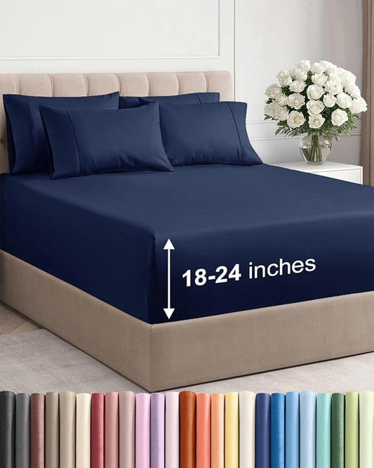 Extra Deep Cal King Sheet Set - 6 Piece Breathable and Cooling Sheets - Hotel Luxury Bed Sheets Set - Easy Fit - Soft, Wrinkle Free and Comfy Sheets Set - Navy Blue Sheet Set with Extra Deep Pockets