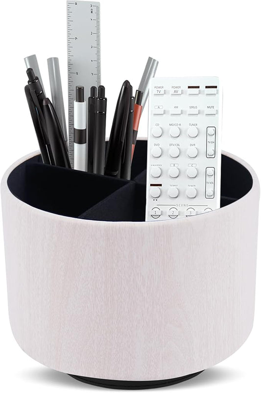 Round Leather Art Supply Organizer,Remote Control Holder,360 Degree Spinning,Multi-Functional Pencil Holder,4 Compartments Desktop Stationary Organizer(1-Thin Wood White)