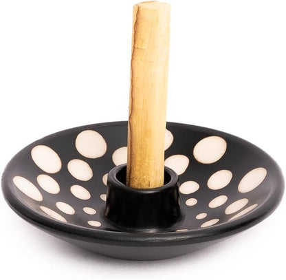 Luna Sundara Authentic Peru Pottery Palo Santo Stick Holder and Incense Holder with 5 Palo Santo Sticks Handmade Ceramic Smudge Bowl Sage Holder Black and White Polka Gift Set