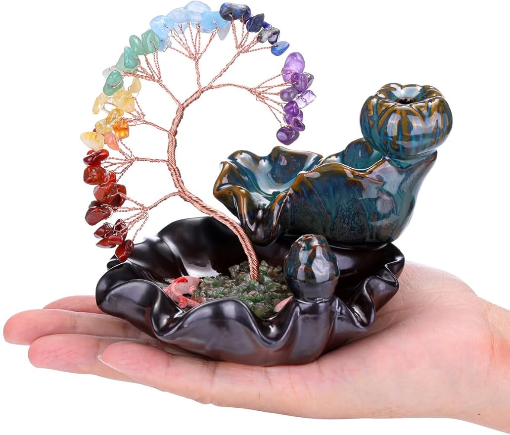 Jovivi Backflow Incense Burner Ceramic Incense Waterfall,7 Chakra Stones Healing Crystal Money Tree Incense Holder for Wealth, Good Luck, Yoga Meditation, Home Decor