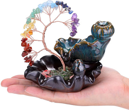 Jovivi Backflow Incense Burner Ceramic Incense Waterfall,7 Chakra Stones Healing Crystal Money Tree Incense Holder for Wealth, Good Luck, Yoga Meditation, Home Decor