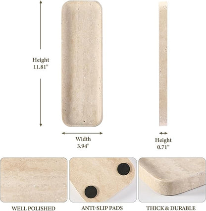 Koville Travertine Tray for Bathroom Sink, 12"x4" Natural Stone Vanity Tray for Kitchen Dresser Countertop, Rectangular Decorative Marble Tray for Jewelry Perfume Trinket(Beige)