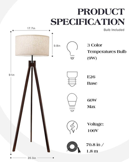 ELYONA Wood Tripod Floor Lamp for Bedroom, 3 Color Temperatures & Linen Shade, Modern Reading Standing Lamp with 9W LED Bulb, Mid Century Night Light for Farmhouse, Living Room, Office, Walnut