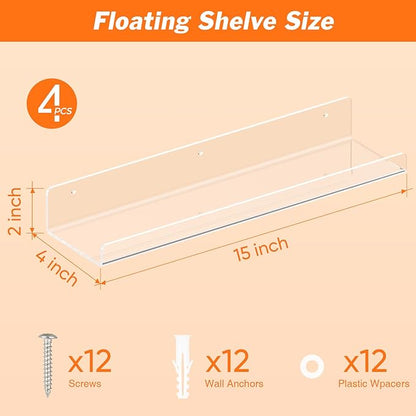 Dooiclear 4 Pack Floating Shelves for Wall, 15" Clear Book Shelf, Acrylic Floating Wall Shelf, Display Shelves Organizer for Bathroom, Classroom, Bedroom, Living Room, Kitchen, Room Decor