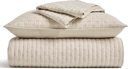 EVERGRACE Cross Stitch Pre-Washed Cotton Quilt Bedding Set Queen Size, Oversized 3 Pieces Lightweight Bedspread Coverlet for All Season, with 2 Matching Shams, Flax Beige, 92"x96"
