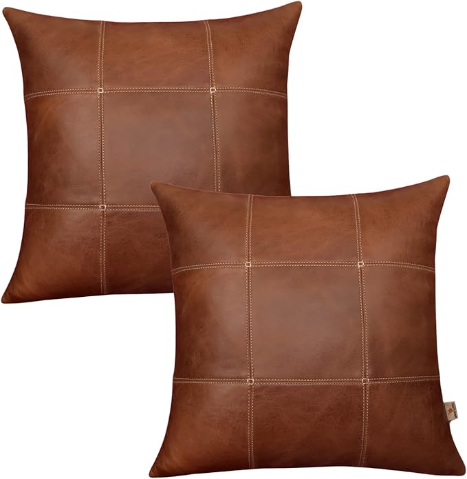 Genuine Lambskin Leather Pillow Cover, 22x22 Inch Case for Lumbar Throw Couch Pillows, Thick & Soft Cushion Covers for Sofa Bed Home Décor (Square Grid Antique Brown Pack of 2)