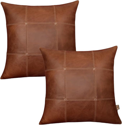 Genuine Lambskin Leather Pillow Cover, 14x14 Inch Case for Lumbar Throw Couch Pillows, Thick & Soft Cushion Covers for Sofa Bed Home Décor (Square Grid Antique Brown Pack of 2)