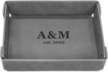 Engraved Leather Valet Tray for Couples – Personalized Catchall with Custom Name – Organizer for Keys, Wallet, Jewelry – Romantic Gift – Grey