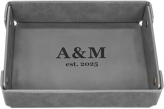 Engraved Leather Valet Tray for Couples – Personalized Catchall with Custom Name – Organizer for Keys, Wallet, Jewelry – Romantic Gift – Grey