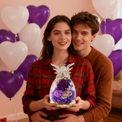 Purple Rose Valentines Day Gifts for Her Birthday Gifts for Women, Forever Rose in Glass Flowers for Delivery, Preserved Rose Angel Figurine for Mom Grandma, Mother’s Day Birthday Gifts